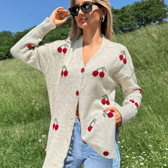 Cherry Print Light Grey Cardigan with Red Buttons - Picture 1 of 3